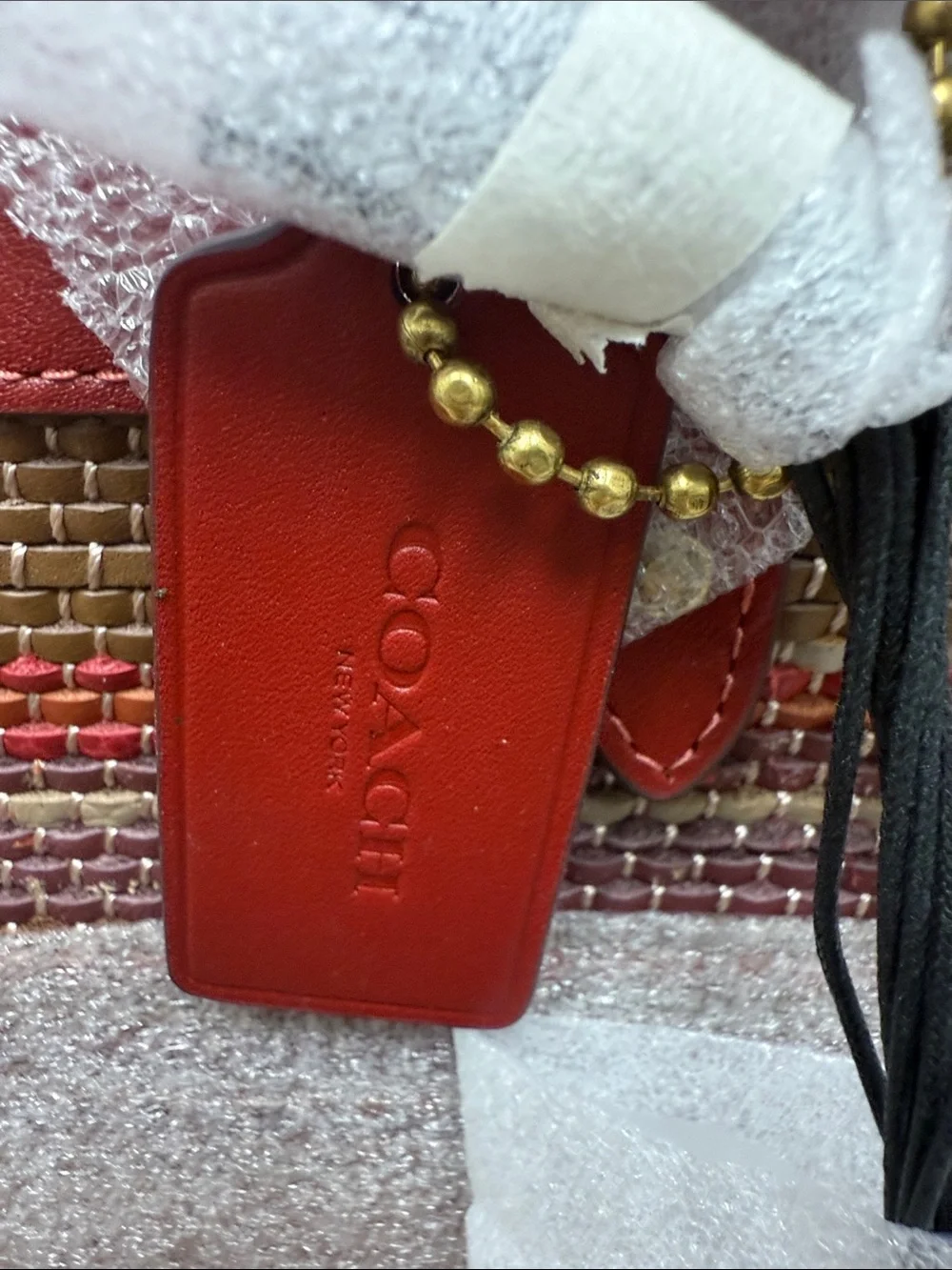 Coach Red Leather-Trim Up-Woven Stripe Tote - Picture 8 of 11